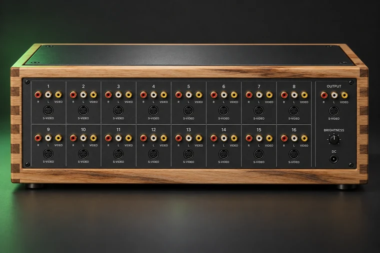 Rear panel illustration of the 16-input analog A/V switcher with 16 numbered RCA and S-Video input sets and one output set