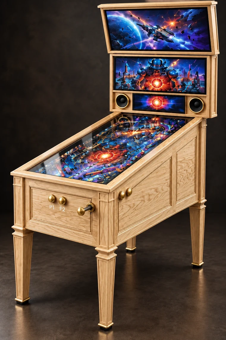 Grand Pinball 42-inch 4K virtual pinball machine in Ash with brass controls and a front launch plunger