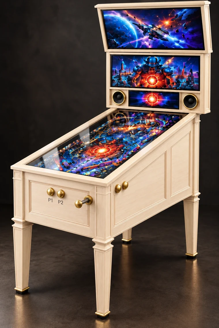Grand Pinball 42-inch 4K virtual pinball machine in Aspen with brass controls and a front launch plunger