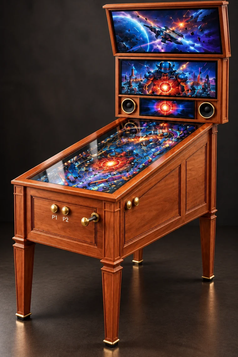 Grand Pinball 42-inch 4K virtual pinball machine in Cherry with brass controls and a front launch plunger