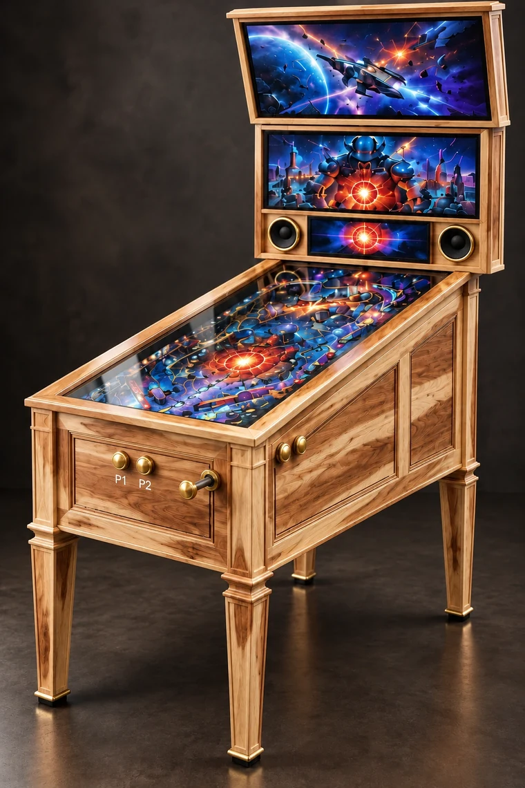 Grand Pinball 42-inch 4K virtual pinball machine in Hickory with brass controls and a front launch plunger