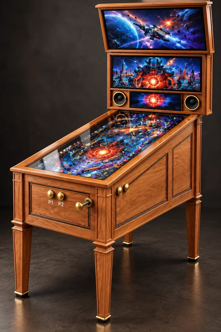 Grand Pinball 42-inch 4K virtual pinball machine in Philippine mahogany with clear varnish, ebony inlay, brass controls and a front launch plunger