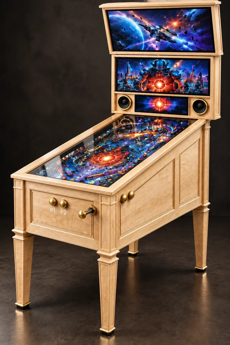 Grand Pinball 42-inch 4K virtual pinball machine in Maple with brass controls and a front launch plunger
