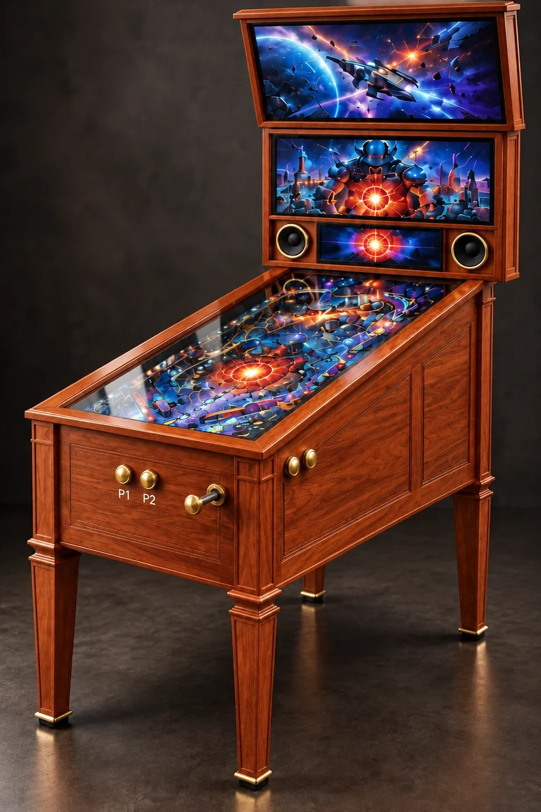 Grand Pinball 42-inch 4K virtual pinball machine in Philippine mahogany with brass controls and a front launch plunger
