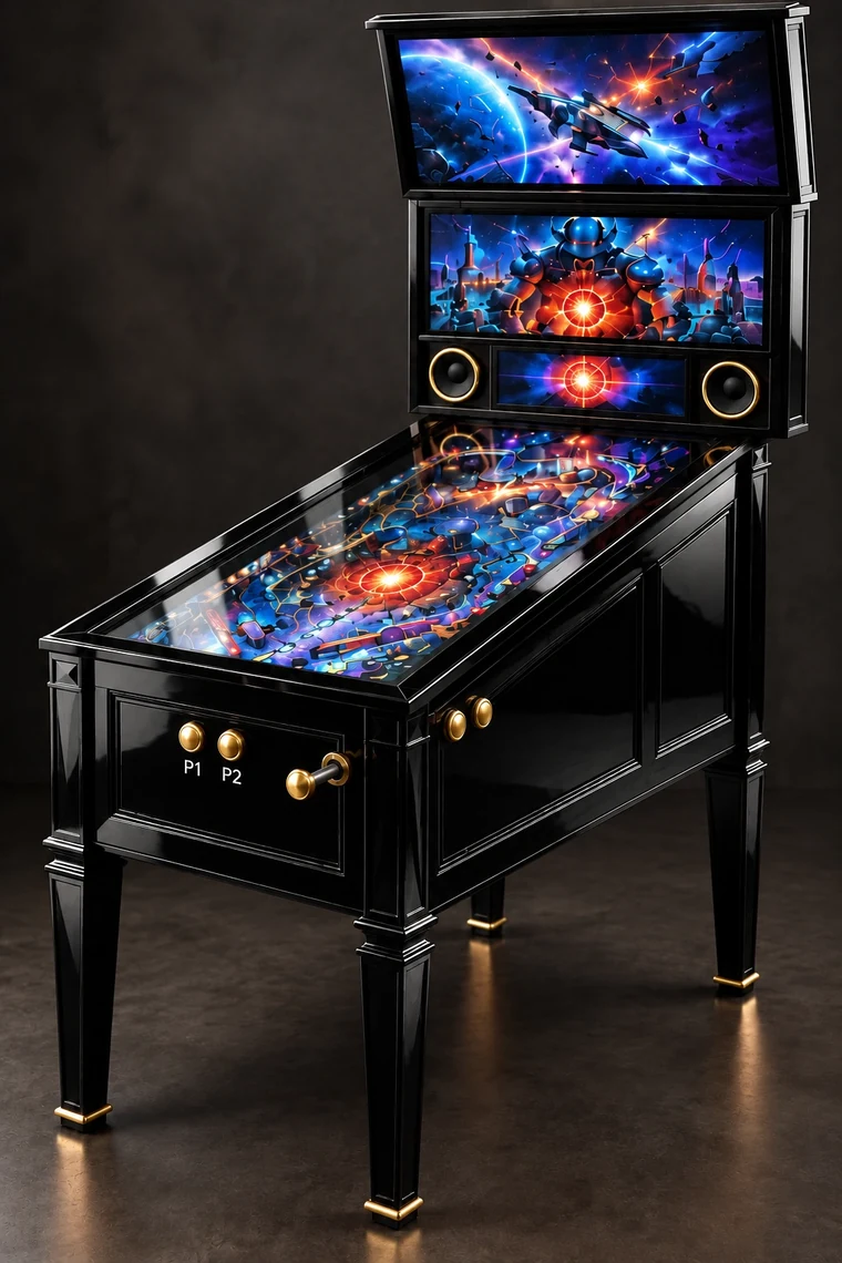 Grand Pinball 42-inch 4K virtual pinball machine in Piano black with brass controls and a front launch plunger