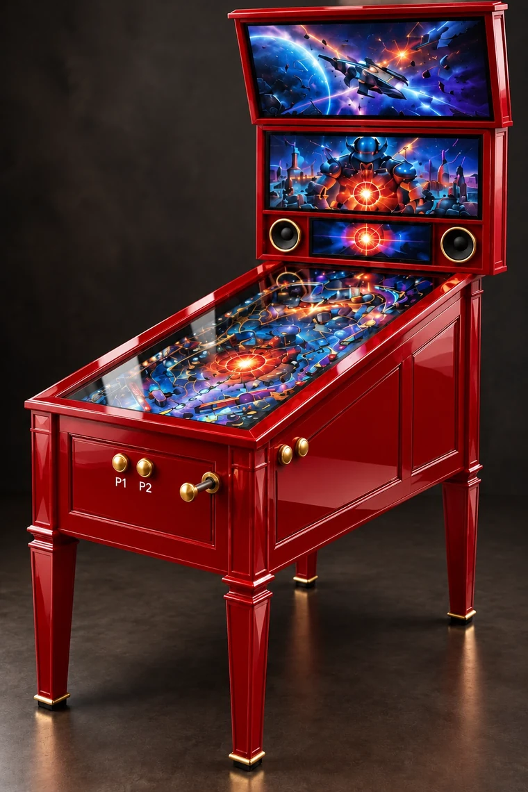 Grand Pinball 42-inch 4K virtual pinball machine in Piano red with brass controls and a front launch plunger