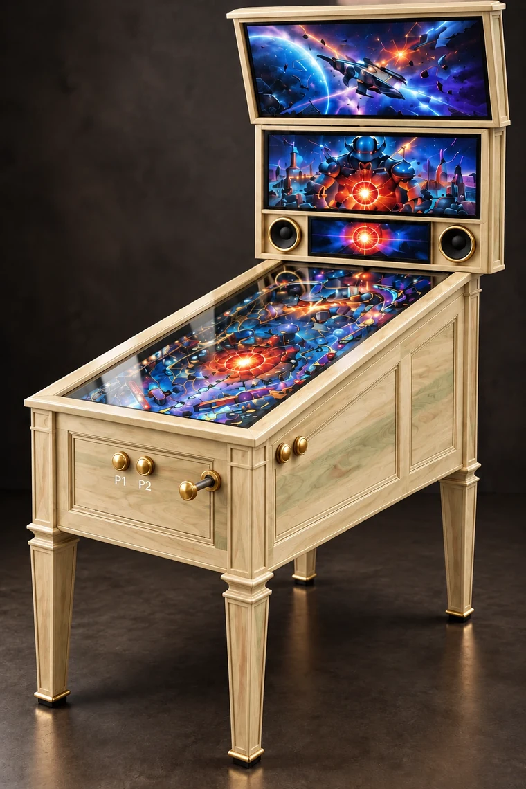 Grand Pinball 42-inch 4K virtual pinball machine in Poplar with brass controls and a front launch plunger