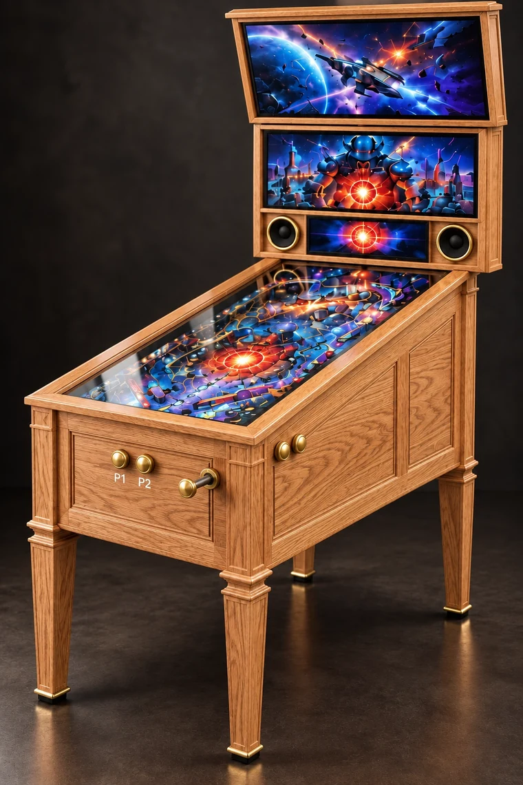 Grand Pinball 42-inch 4K virtual pinball machine in Red oak with brass controls and a front launch plunger
