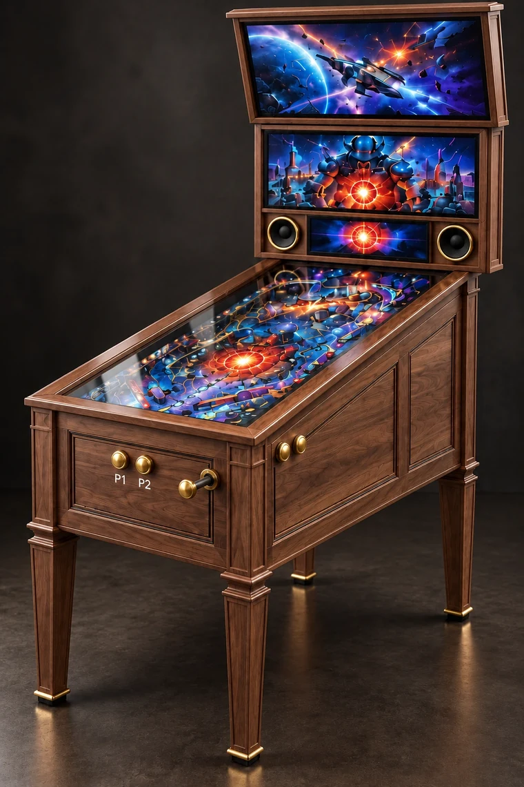 Grand Pinball 42-inch 4K virtual pinball machine in Walnut with brass controls and a front launch plunger