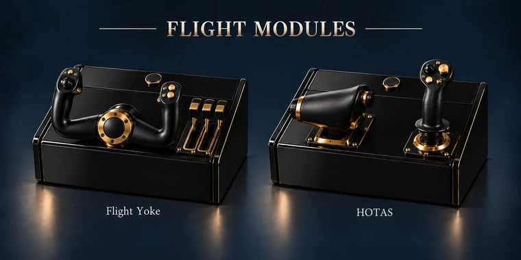 HOTAS Flat Arcade Module design illustration: flight modules piano black