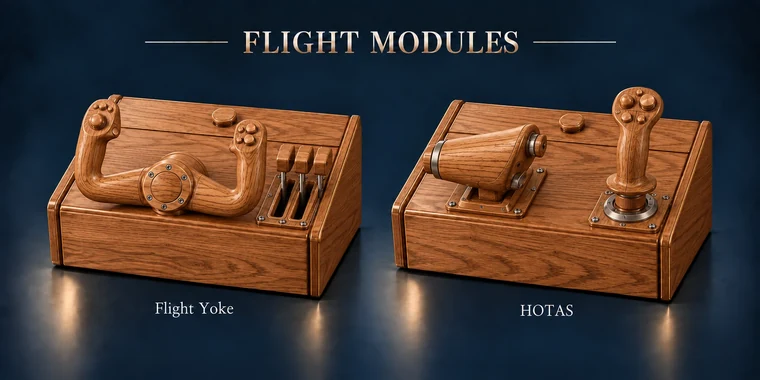 HOTAS Flat Arcade Module design illustration: flight modules red oak v1 matching controls