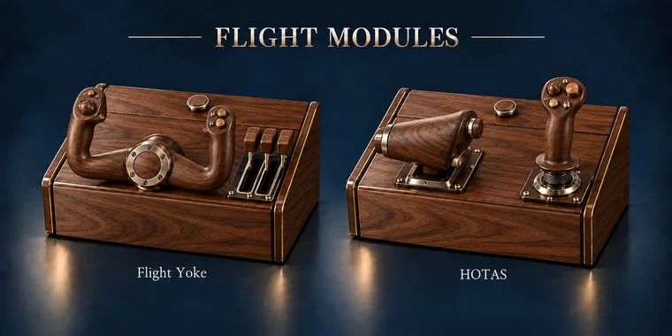 HOTAS Flat Arcade Module design illustration: flight modules walnut v1 matching controls