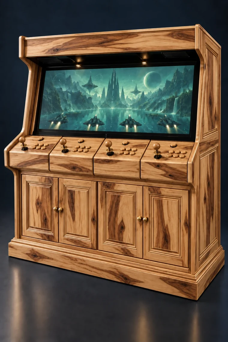 Rasterdeck Four-Player Modular Arcade design illustration: four player hickory matching controls