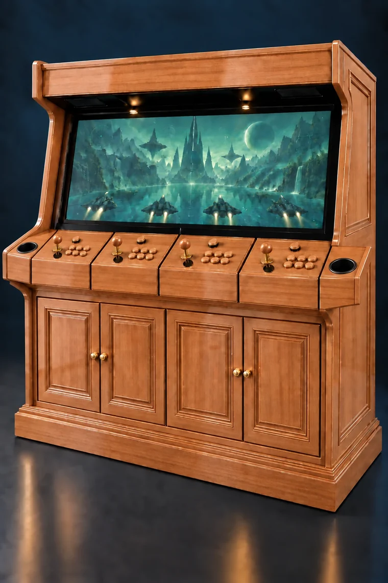 Rasterdeck Four-Player Modular Arcade design illustration: four player mahogany cup holders