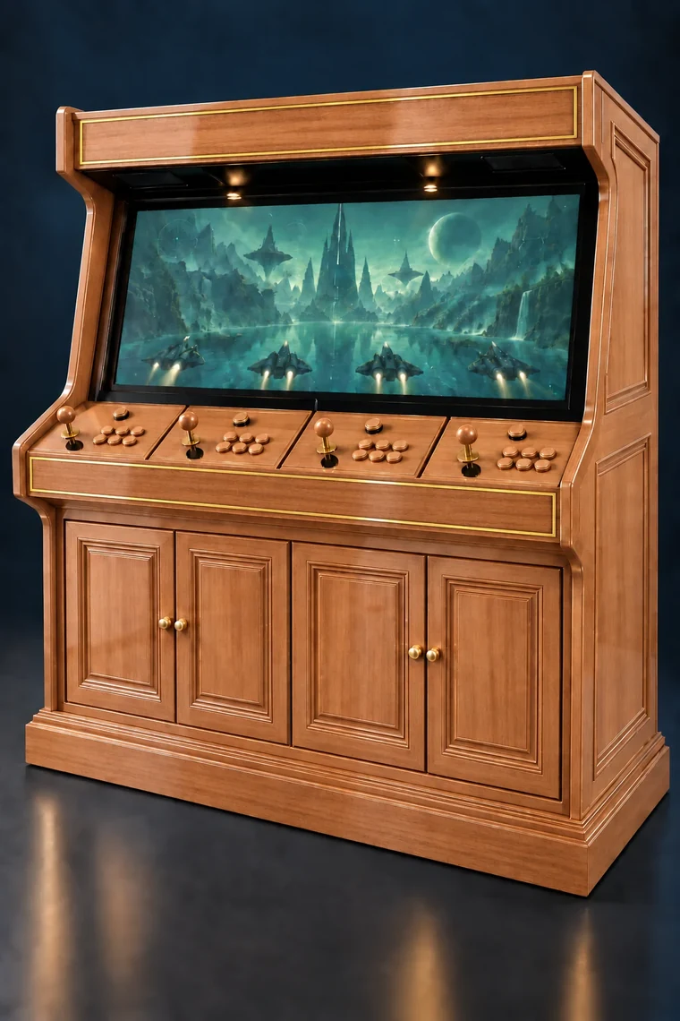 Rasterdeck Four-Player Modular Arcade design illustration: four player mahogany polished brass inlay