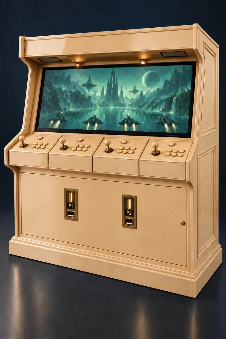 Rasterdeck Four-Player Modular Arcade design illustration: four player maple coin front