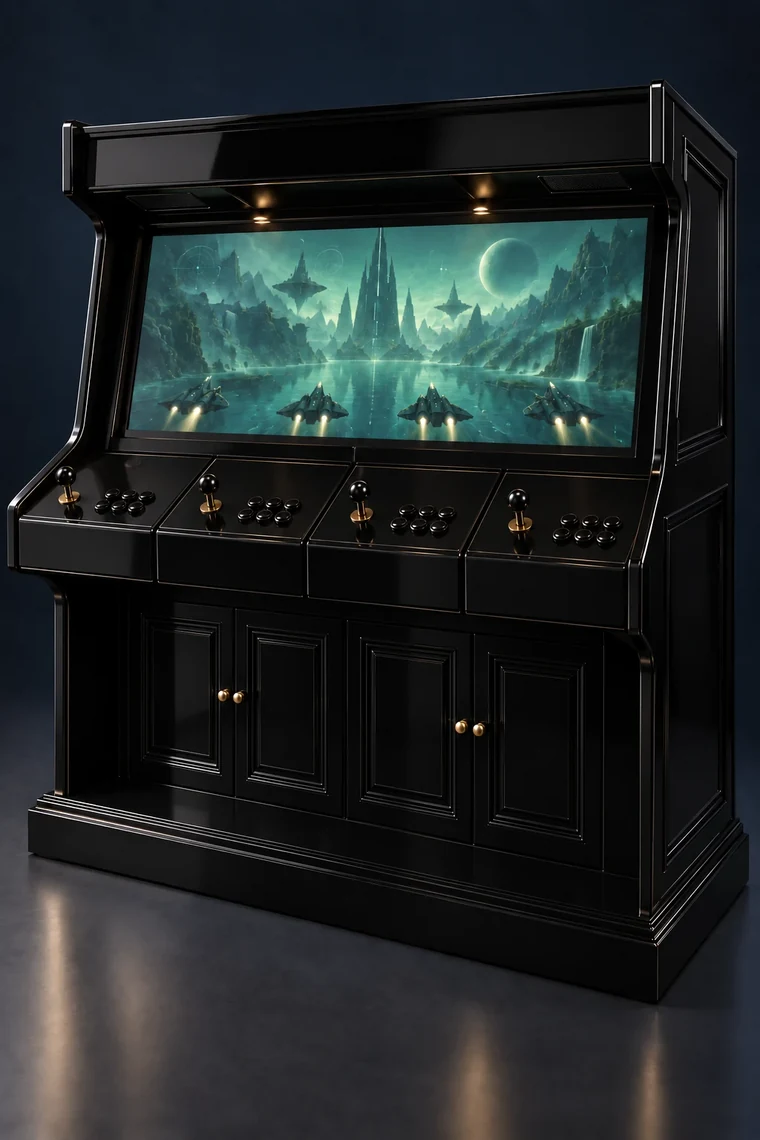Rasterdeck Four-Player Modular Arcade design illustration: four player piano black seated deck