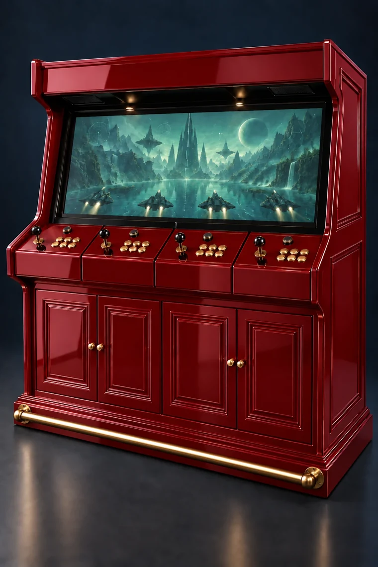 Rasterdeck Four-Player Modular Arcade design illustration: four player piano red base footrest