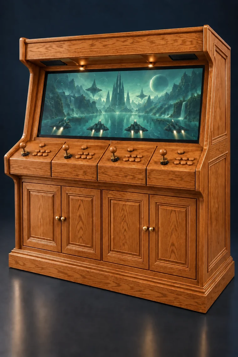 Rasterdeck Four-Player Modular Arcade design illustration: four player red oak matching controls