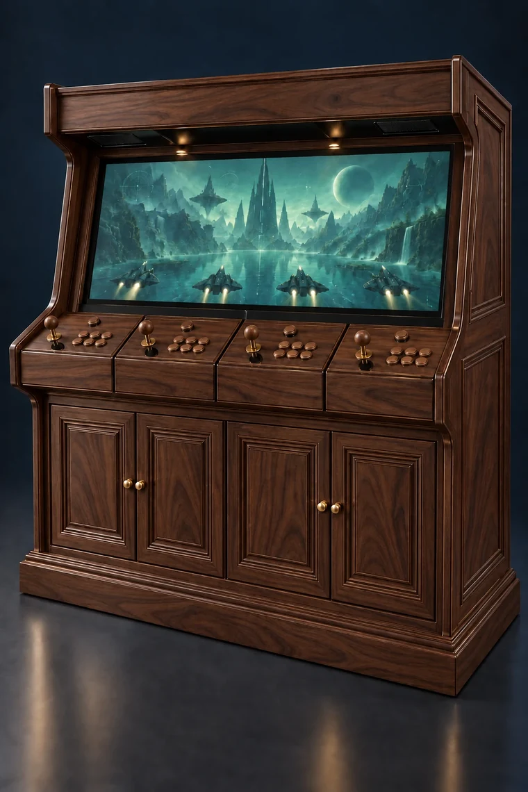 Rasterdeck Four-Player Modular Arcade design illustration: four player walnut matching controls