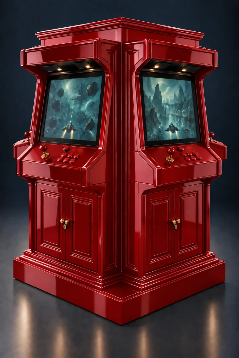 Rasterdeck Four-Station Arcade Pillar design illustration: four station pillar piano red matching controls