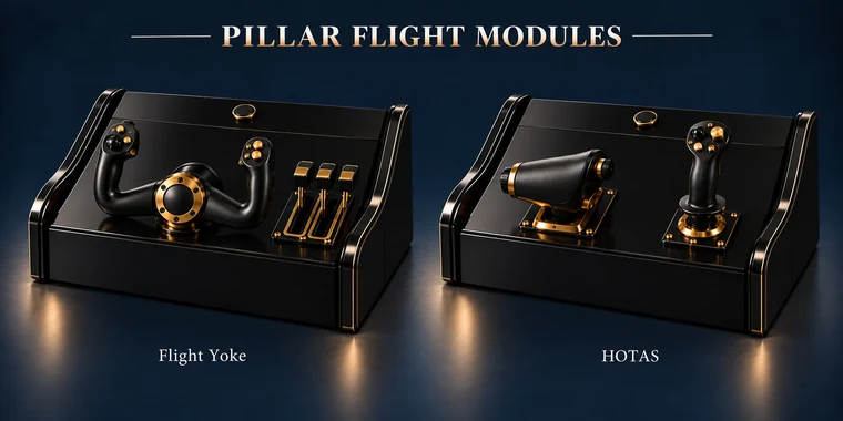 Flight Yoke + Throttle Pillar Arcade Module design illustration: pillar flight modules piano black