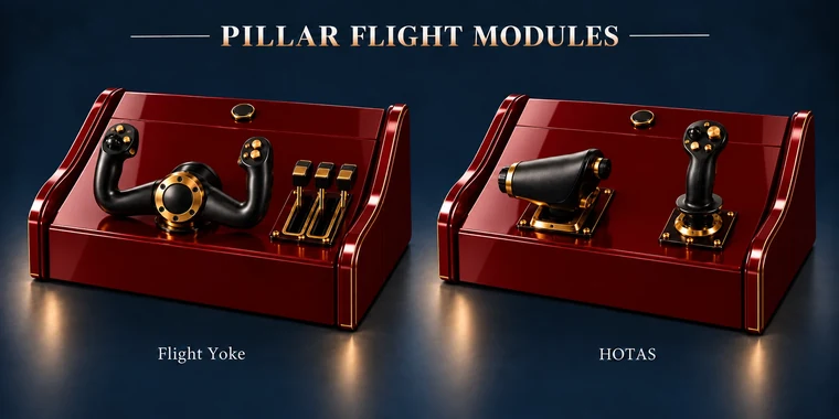 Flight Yoke + Throttle Pillar Arcade Module design illustration: pillar flight modules piano red