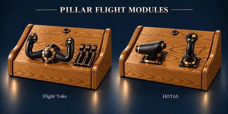 Flight Yoke + Throttle Pillar Arcade Module design illustration: pillar flight modules red oak