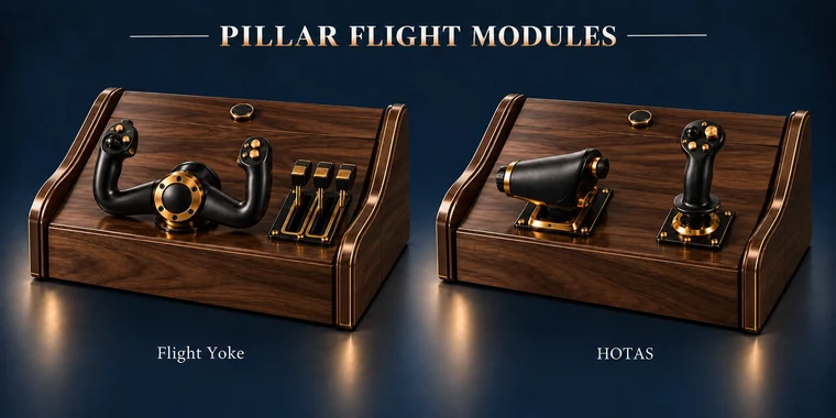 Flight Yoke + Throttle Pillar Arcade Module design illustration: pillar flight modules walnut