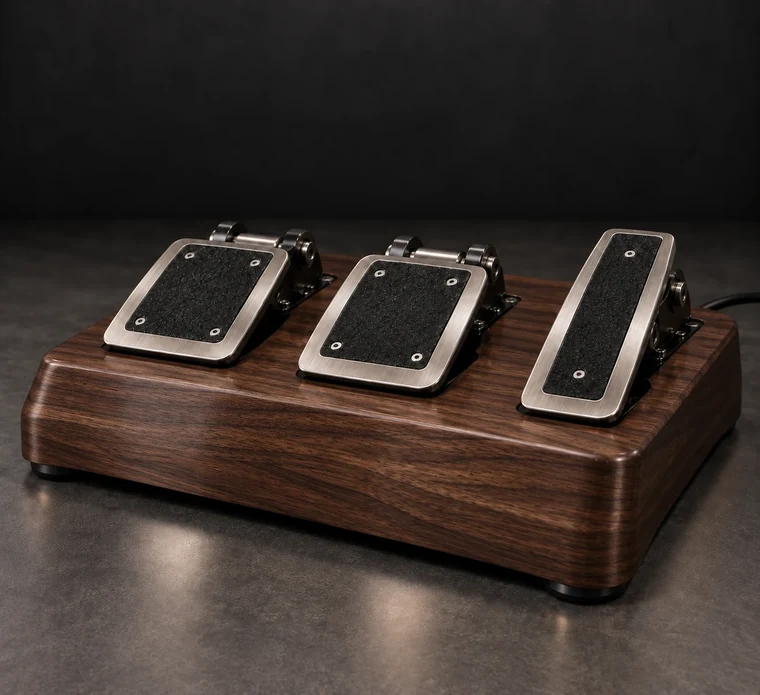 Three-Pedal Racing Platform design illustration: racing pedals walnut no brass