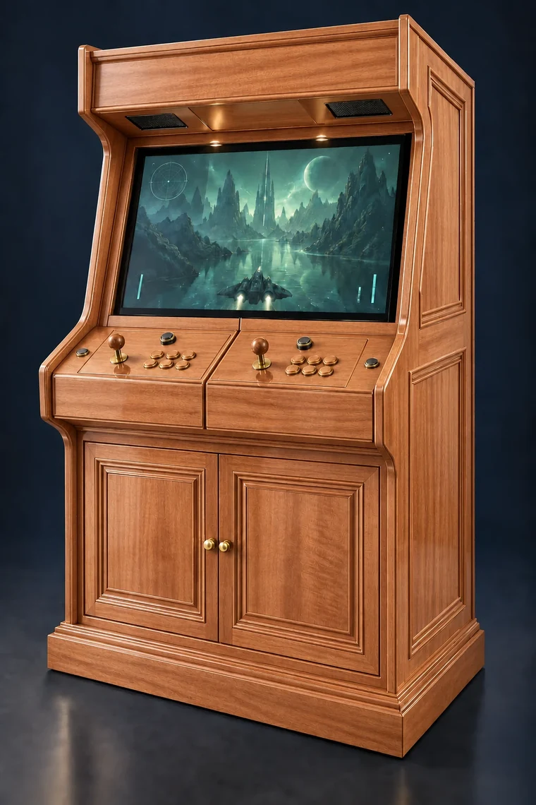 Rasterdeck Two-Player Modular Arcade design illustration: two player mahogany clear varnish