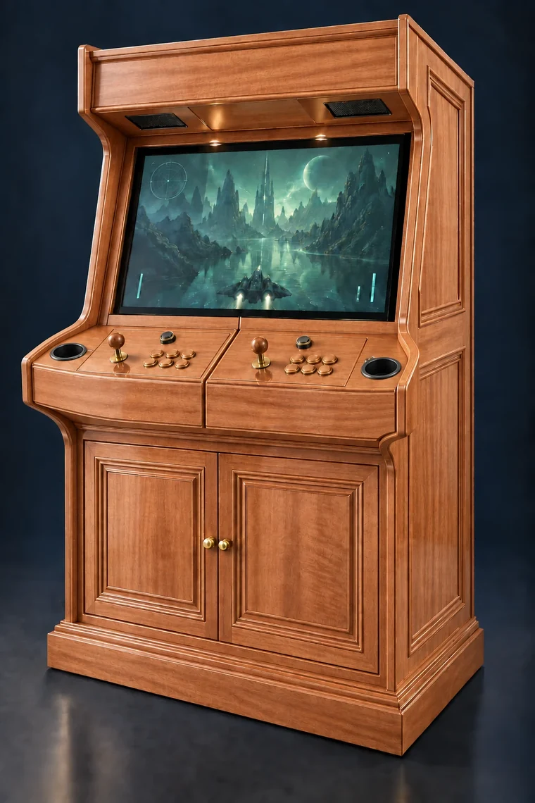 Rasterdeck Two-Player Modular Arcade design illustration: two player mahogany cup holders