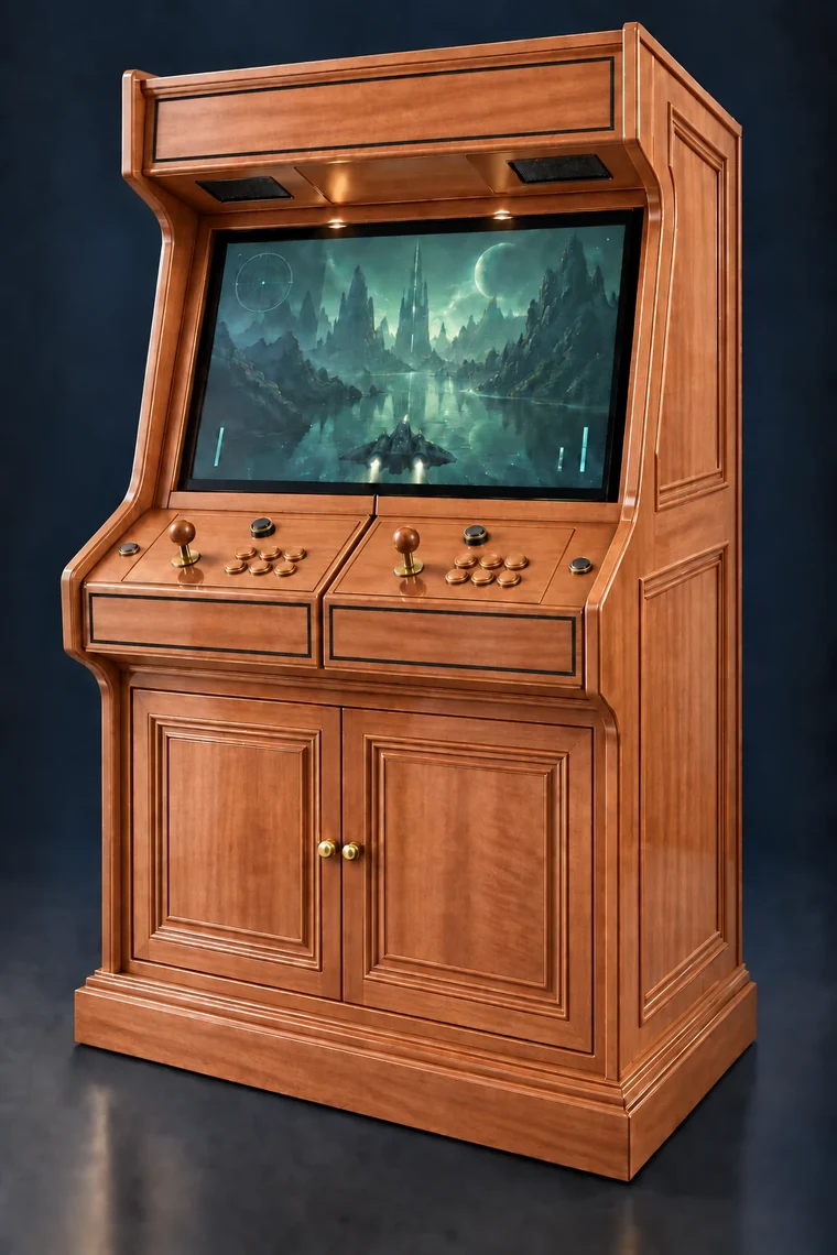 Rasterdeck Two-Player Modular Arcade design illustration: two player mahogany ebony inlay