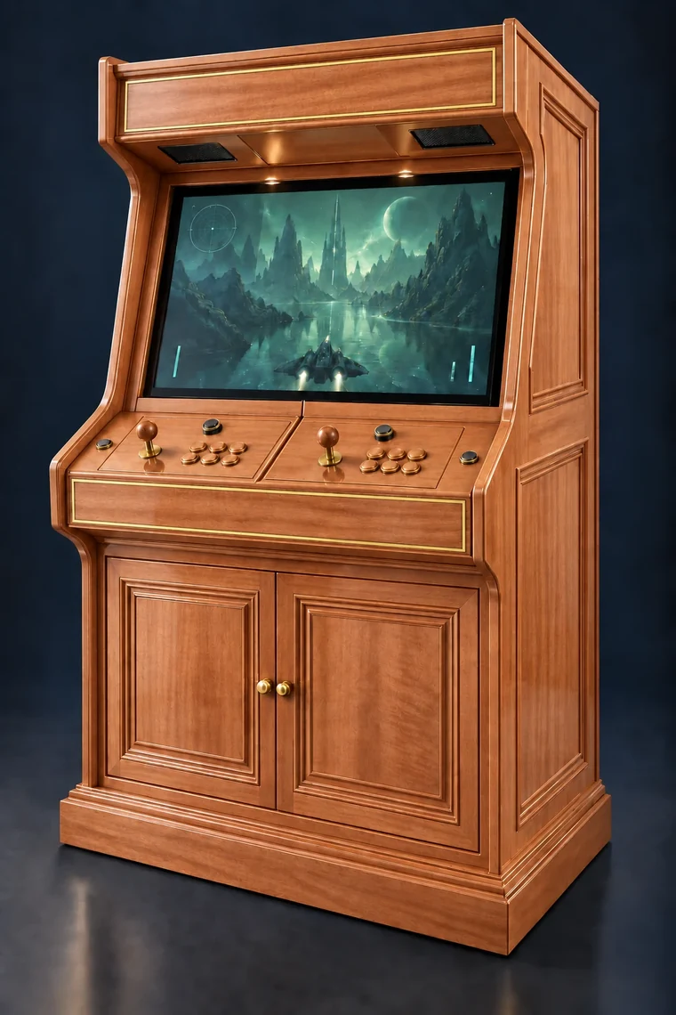 Rasterdeck Two-Player Modular Arcade design illustration: two player mahogany polished brass inlay
