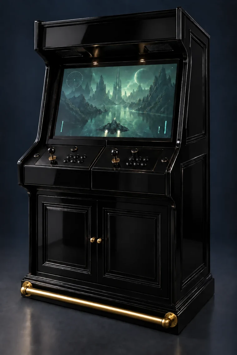 Rasterdeck Two-Player Modular Arcade design illustration: two player piano black base footrest