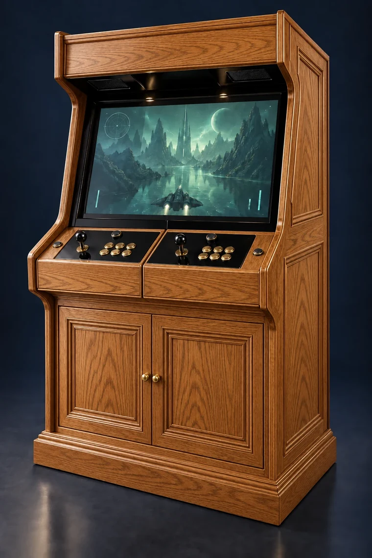 Rasterdeck Two-Player Modular Arcade design illustration: two player red oak