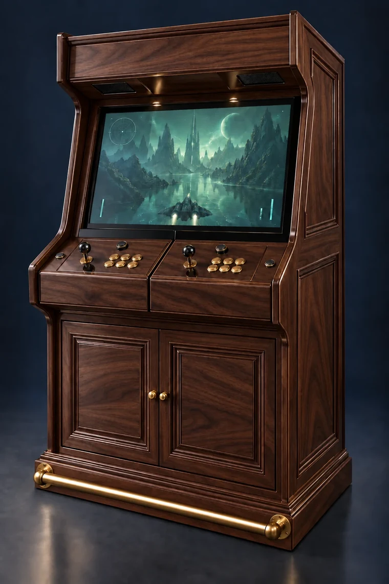 Rasterdeck Two-Player Modular Arcade design illustration: two player walnut base footrest