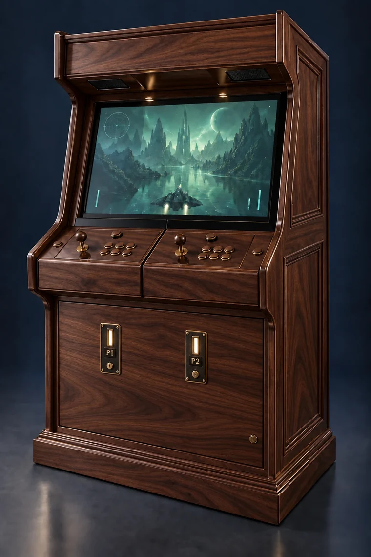 Rasterdeck Two-Player Modular Arcade design illustration: two player walnut coin front