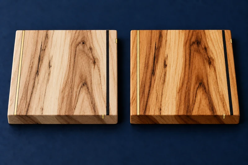 Hickory sample illustration, unfinished on one face and clear-finished on the opposite face