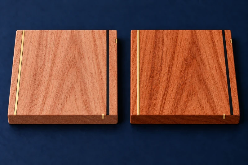 Philippine mahogany sample illustration, unfinished on one face and clear-finished on the opposite face