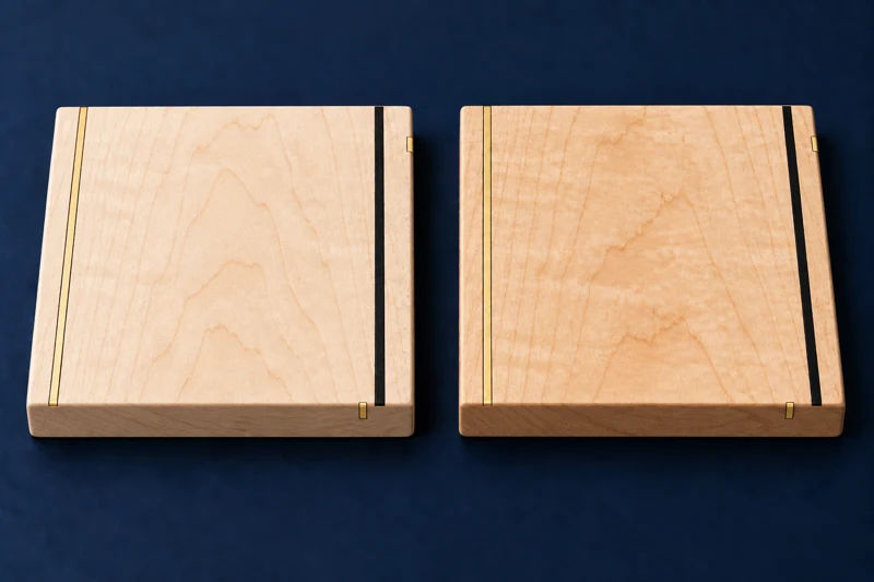 Maple sample illustration, unfinished on one face and clear-finished on the opposite face