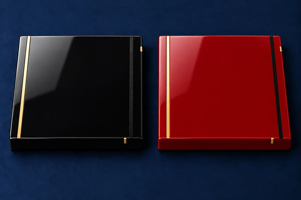 Sample illustration with opaque piano-black on the left face and piano-red on the right face