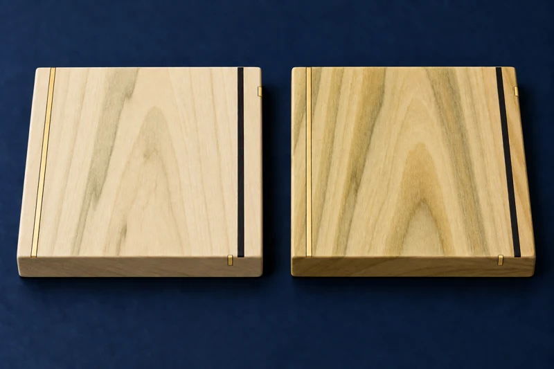 Poplar sample illustration, unfinished on one face and clear-finished on the opposite face