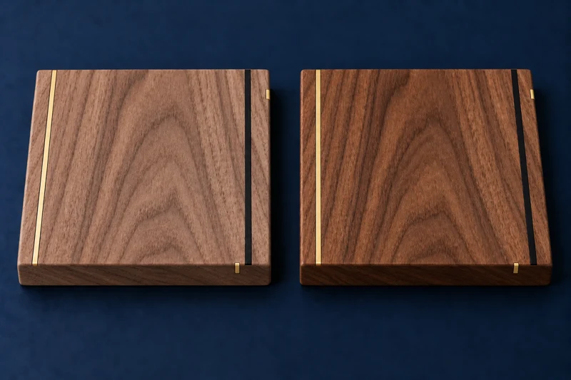 Walnut sample illustration, unfinished on one face and clear-finished on the opposite face